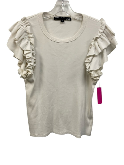 Veronica Beard Jeans Size Large White Cotton Blend Ruffle Cap Sleeve Ribbed Top White / Large