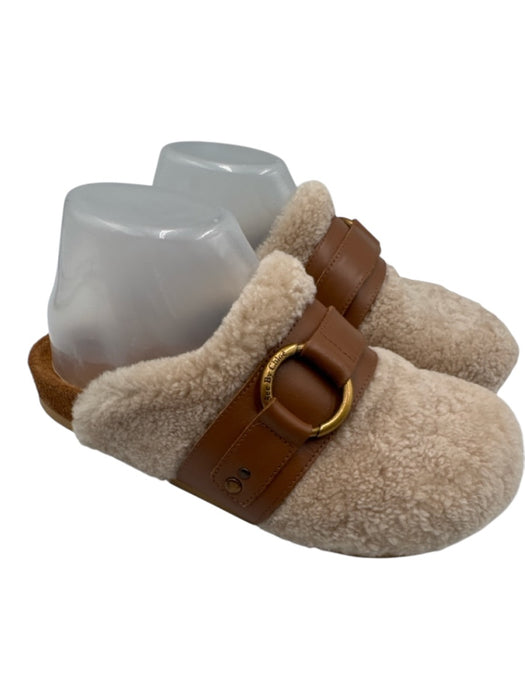 Chloe Shoe Size 37 Beige Plush Tan Leather Buckle Mules Shoes Beige / 37