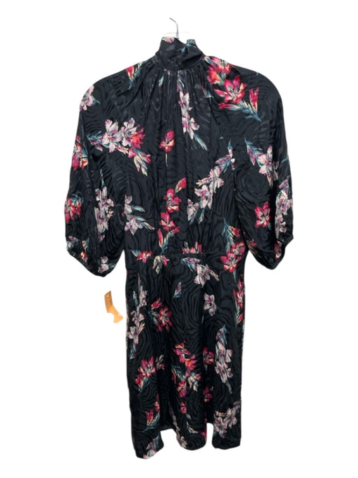 Rebecca Taylor Size 2 Black, Pink & Blue Silk Blend V Neck Floral Tie Neck Dress Black, Pink & Blue / 2