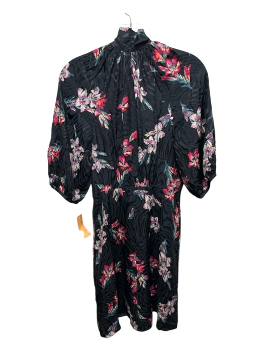 Rebecca Taylor Size 2 Black, Pink & Blue Silk Blend V Neck Floral Tie Neck Dress Black, Pink & Blue / 2