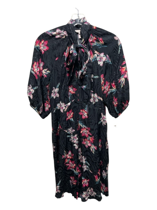 Rebecca Taylor Size 2 Black, Pink & Blue Silk Blend V Neck Floral Tie Neck Dress Black, Pink & Blue / 2