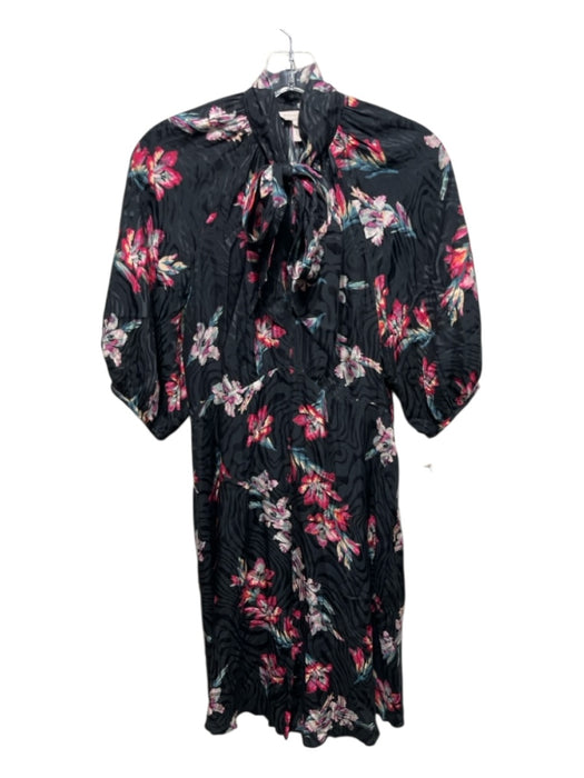Rebecca Taylor Size 2 Black, Pink & Blue Silk Blend V Neck Floral Tie Neck Dress Black, Pink & Blue / 2