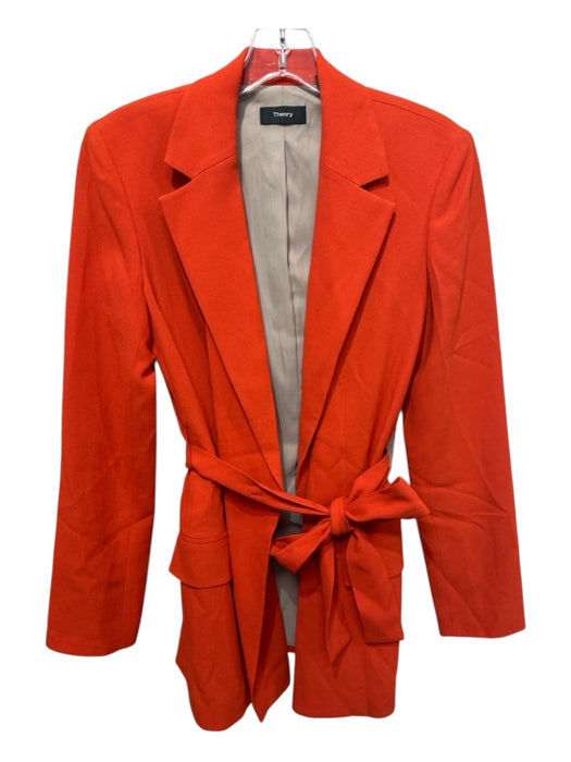 Theory Size 4 Red Orange Acetate Blend Lapels Faux Pockets Midi Sash Inc Coat Red Orange / 4