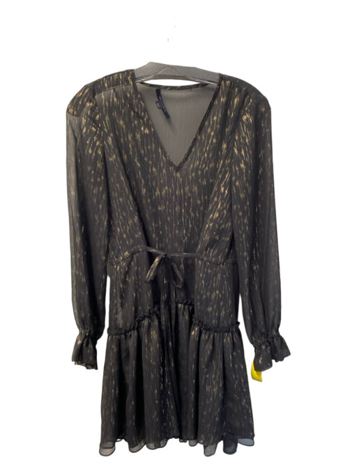 All Saints Size XS Black & Gold Polyester V Neck Long Balloon Sleeve Lined Dress Black & Gold / XS