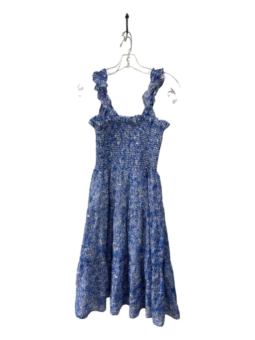 Amanda Uprichard Size M Blue & White Ramie Smocked Abstract Floral Dress Blue & White / M