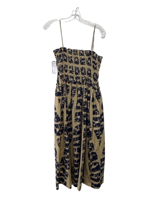 Ulla Johnson Size 8 Beige & Navy Cotton Spaghetti Strap Tie Dye Smocked Dress Beige & Navy / 8