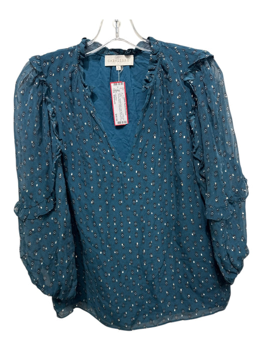 Caballero Size Medium Teal, Black, Gold Viscose Blend Long Sleeve Ruffles Top Teal, Black, Gold / Medium