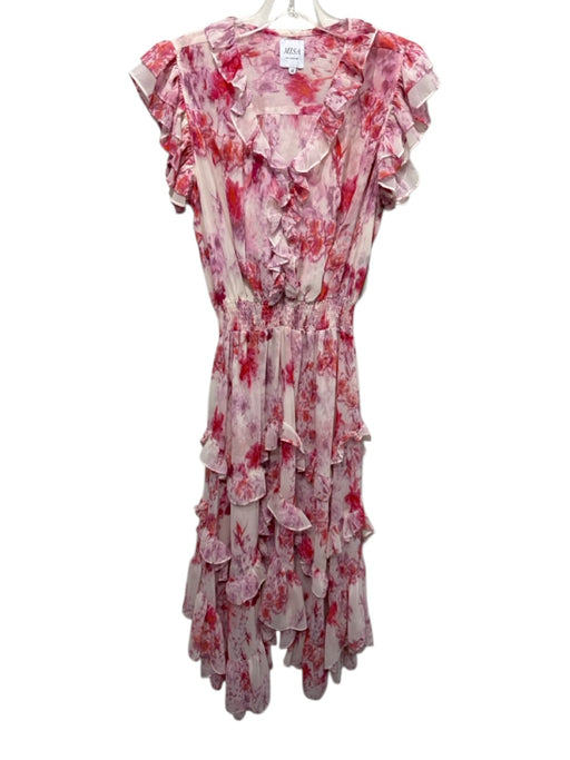 Misa Size Medium Red, Cream, Purple Polyester Ruffle Cap Sleeve Floral Dress Red, Cream, Purple / Medium