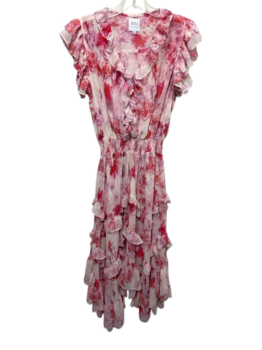 Misa Size Medium Red, Cream, Purple Polyester Ruffle Cap Sleeve Floral Dress Red, Cream, Purple / Medium