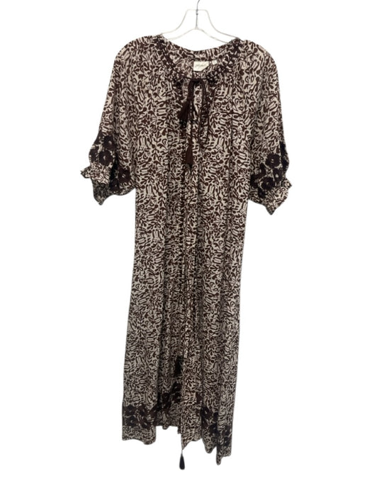 Julia Amory Size Medium Brown & White Cotton Half Puff Sleeve Split Neck Dress Brown & White / Medium