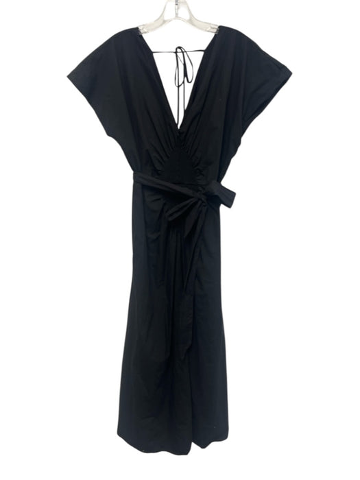 Marie Oliver Size Medium Black Cotton Cap Sleeve Shirred V Neck Midi Dress Black / Medium