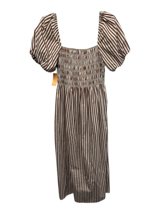 Hill House Size M Cream & Brown Cotton Striped Shirred Bodice Pocketed Dress Cream & Brown / M