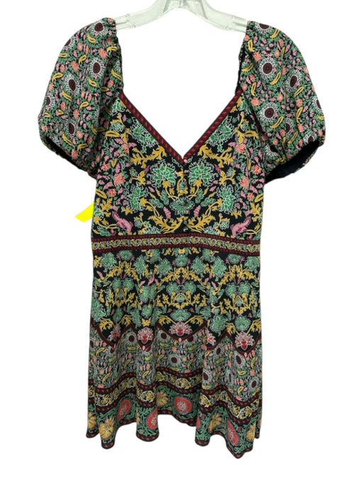 Alice + Olivia Size 8 Black & Multi Polyester Short Puff Sleeve V Neck Dress Black & Multi / 8