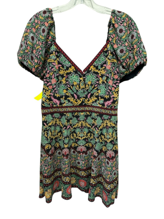Alice + Olivia Size 8 Black & Multi Polyester Short Puff Sleeve V Neck Dress Black & Multi / 8