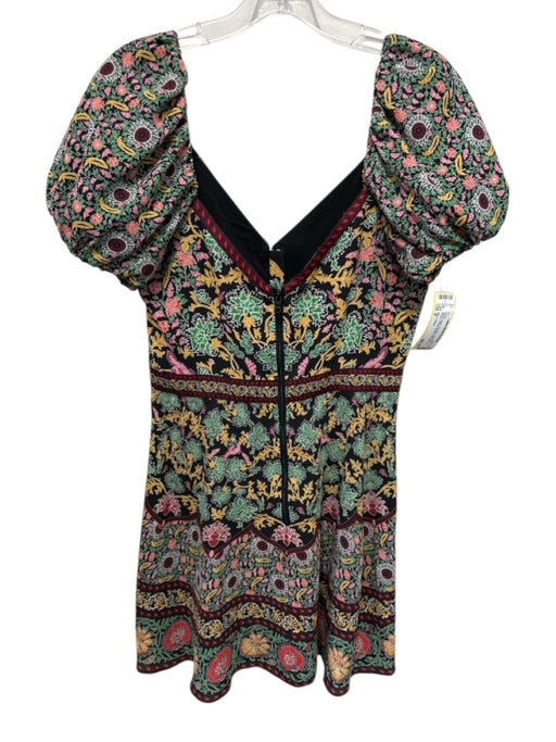 Alice + Olivia Size 8 Black & Multi Polyester Short Puff Sleeve V Neck Dress Black & Multi / 8