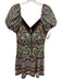 Alice + Olivia Size 8 Black & Multi Polyester Short Puff Sleeve V Neck Dress Black & Multi / 8