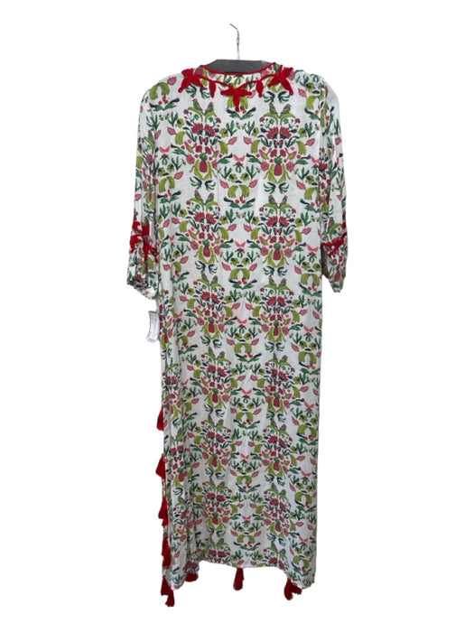 Roller Rabbit Size S White Red Green Cotton Floral Round Split Neck Maxi Dress White Red Green / S