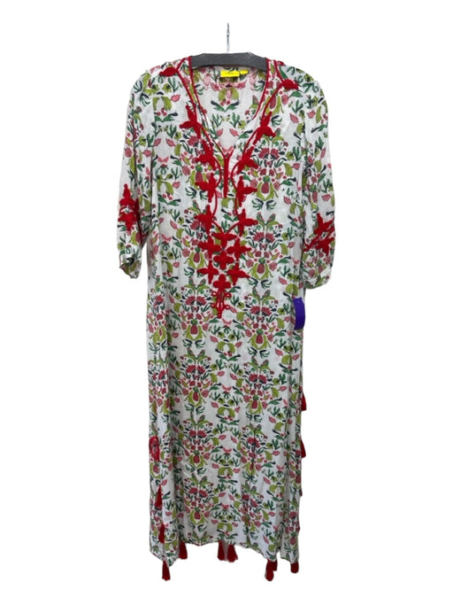 Roller Rabbit Size S White Red Green Cotton Floral Round Split Neck Maxi Dress White Red Green / S