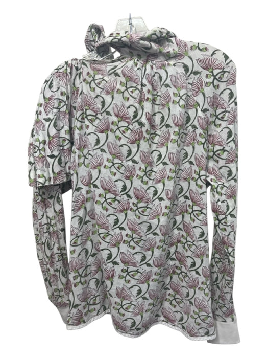 Tish Cox Size XS White, Pink, Green Cotton Botanical Neck Tie Long Sleeve Top White, Pink, Green / XS