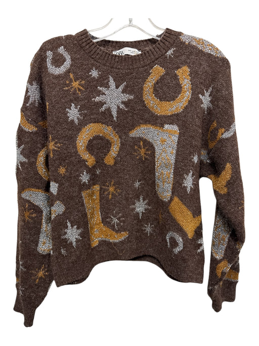 Zara Size S Brown, Gold, Silver Acrylic Blend Metallic Thread Round Neck Sweater Brown, Gold, Silver / S