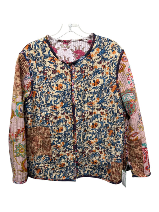 Zara Size XS Blue, Orange, Multi Viscose Quilted Floral Collarless Jacket Blue, Orange, Multi / XS