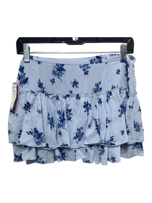 Reformation Size 4 Baby Blue & Navy Viscose Floral Zip Side Tiered Ruffle Skirt Baby Blue & Navy / 4