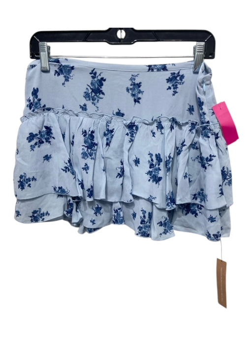 Reformation Size 4 Baby Blue & Navy Viscose Floral Zip Side Tiered Ruffle Skirt Baby Blue & Navy / 4