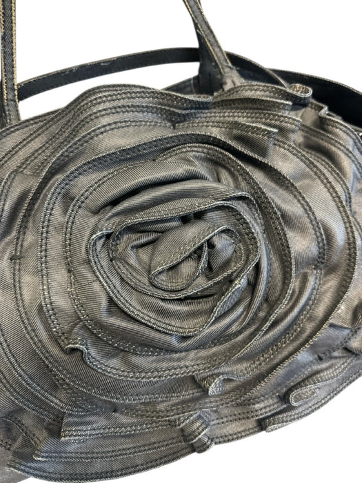 Valentino Garavani Black Denim Shoulder Bag Magnetic Close Rose Applique Bag Black