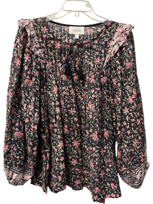 Cleobella Size XL Black & Pink Organic Cotton Blend floral print Tie Detail Top