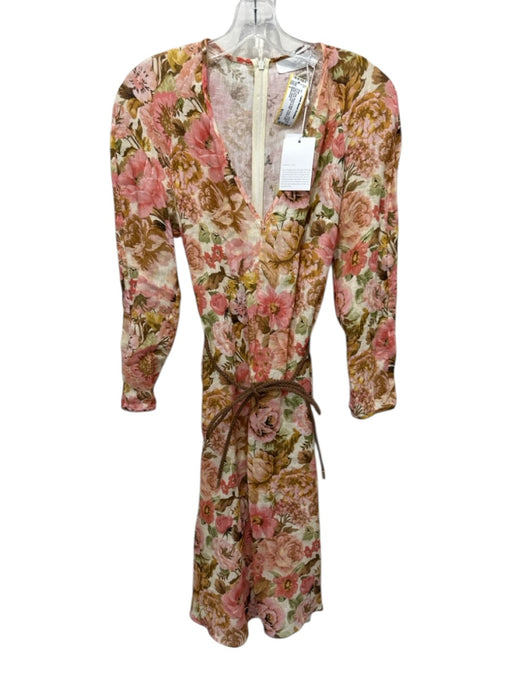 Zimmermann Size 2 Pink, Brown & Multi Floral V Neck Long Sleeve Dress Pink, Brown & Multi / 2