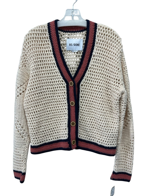 RE/DONE Size XS Beige, Blue & Red Cotton Chunky Knit Color Block V Neck Sweater Beige, Blue & Red / XS