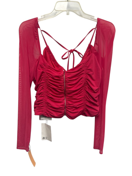 Self-Portrait Size 10 Fuchsia Pink Polyester Blend Long Sleeve Ruched Mesh Top Fuchsia Pink / 10