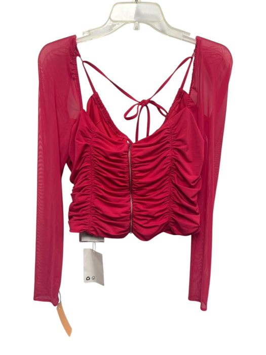Self-Portrait Size 10 Fuchsia Pink Polyester Blend Long Sleeve Ruched Mesh Top Fuchsia Pink / 10