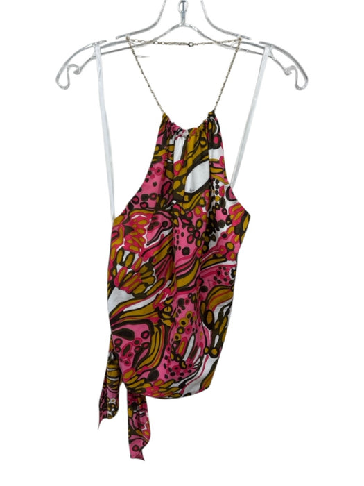 Milly Size 8 Pink, Brown, Yellow Cotton Chain Abstract Tie Back Halter Top Pink, Brown, Yellow / 8