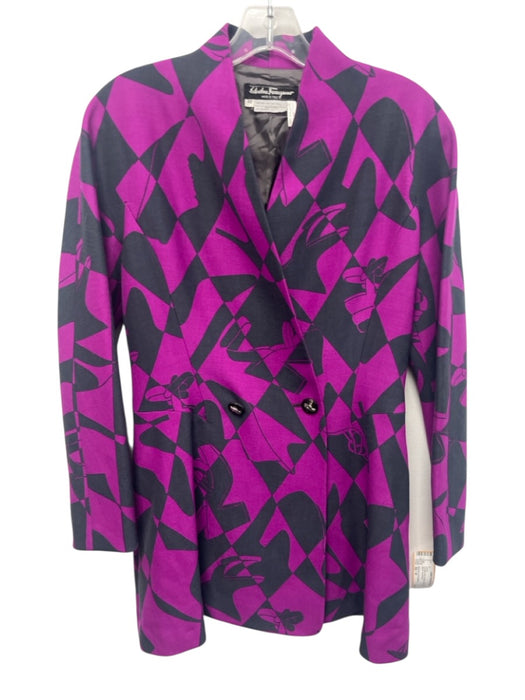 Salvatore Ferragamo Size 42 / M Fuchsia Pink & Black Wool Abstract Blazer Jacket Fuchsia Pink & Black / 42 / M