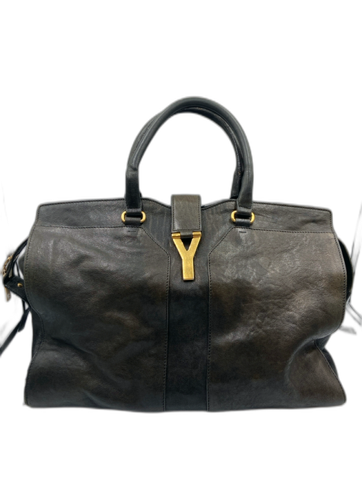 Yves Saint Laurent Black Leather Zip Close Magnetic Flap Vintage hand bag Bag Black / L