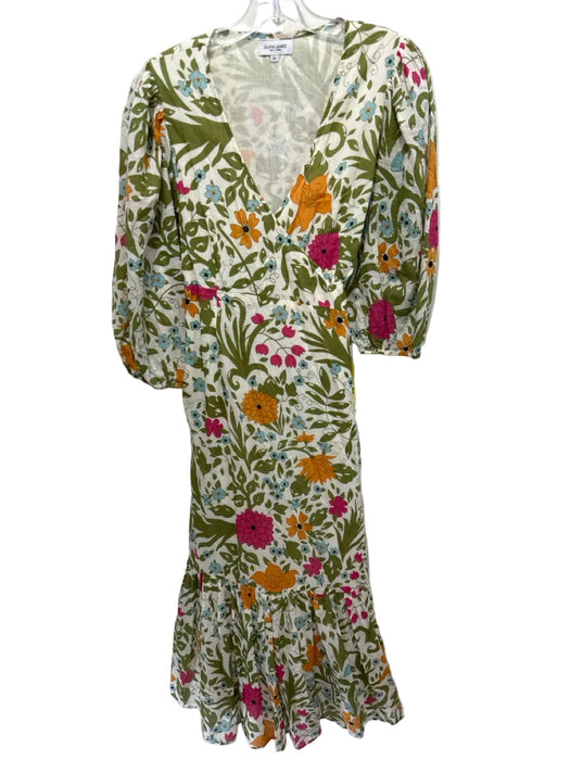 Olivia James the Label Size M Green, Orange, Pink Cotton 1/2 Puff Sleeve Dress