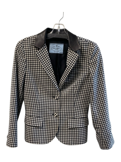 Prada Size 40 Black & White Virgin Wool Blend Checked 2 button Fitted Blazer Black & White / 40