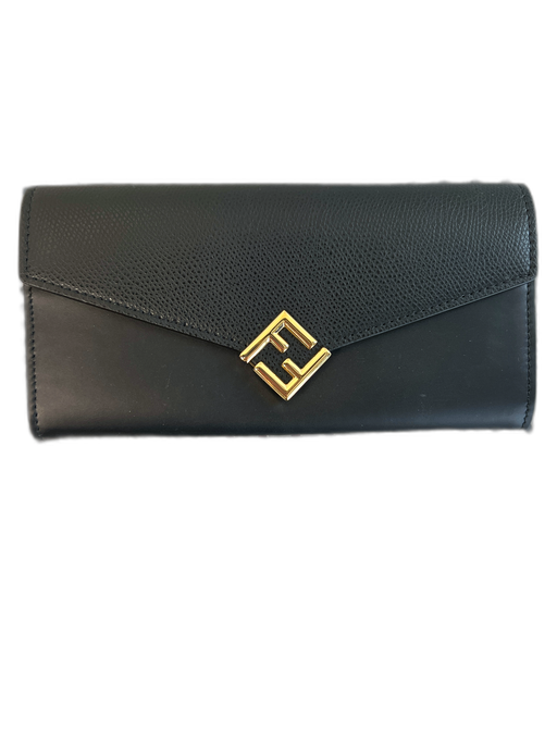 Fendi Black Leather Logo Gold Hardware Card holder Interior Zip Wallets Black