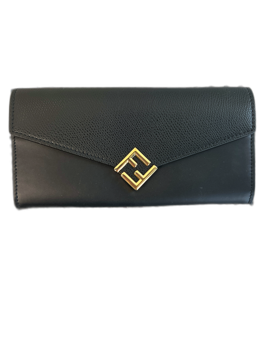 Fendi Black Leather Logo Gold Hardware Card holder Interior Zip Wallets Black