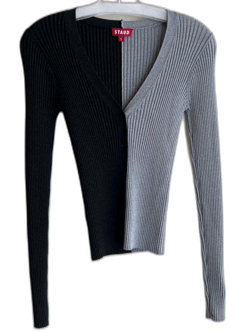 Staud Size Small Black & Gray Viscose Ribbed Long Sleeve V Neck Button Down Top Black & Gray / Small