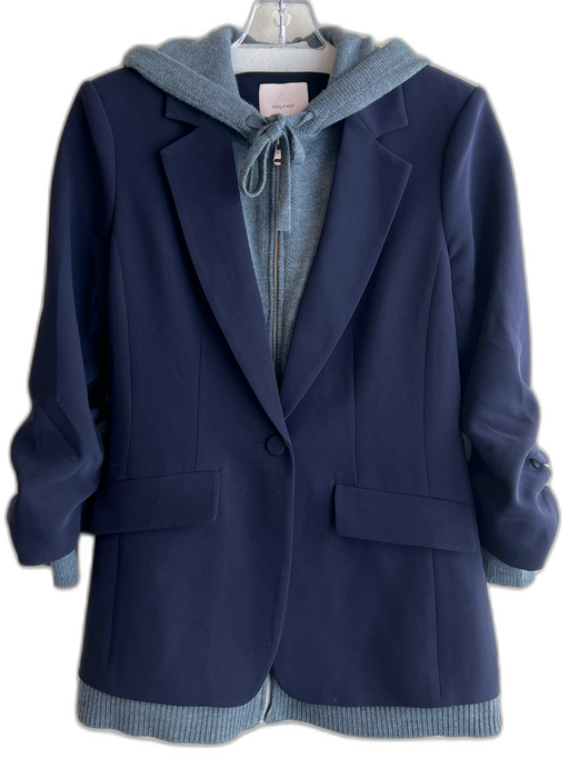 Cinq a Sept Size 0 navy & gray Triacetate Zip Hood Ruched Sleeve Jacket navy & gray / 0