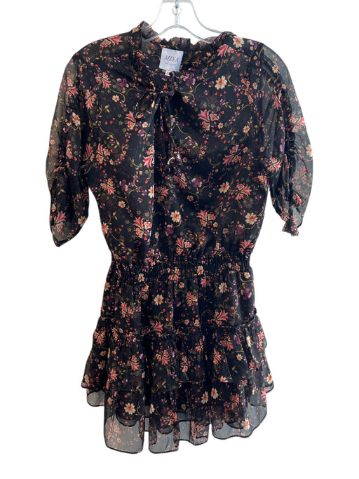 Misa Size XS Black & Multi Polyester Tie V Neck Gathered 3/4 Sleeves Dress Black & Multi / XS