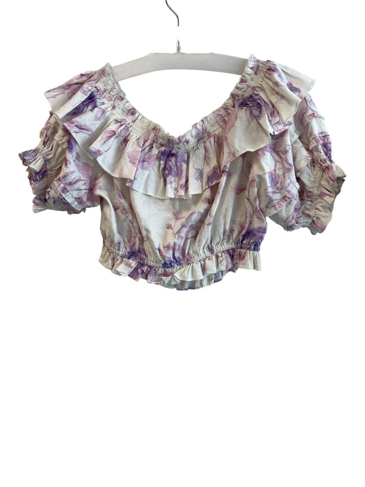 Love Shack Fancy Size XS Cream & Purple Cotton Off Shoulder Gauze Cropped Top Cream & Purple / XS