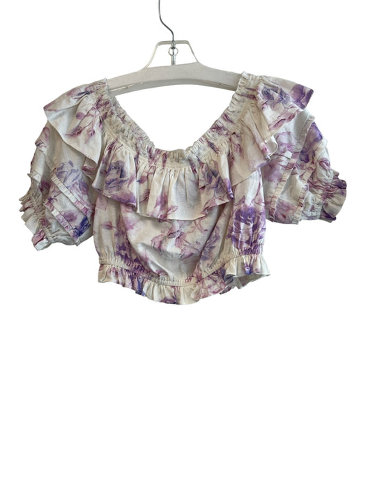 Love Shack Fancy Size XS Cream & Purple Cotton Off Shoulder Gauze Cropped Top Cream & Purple / XS