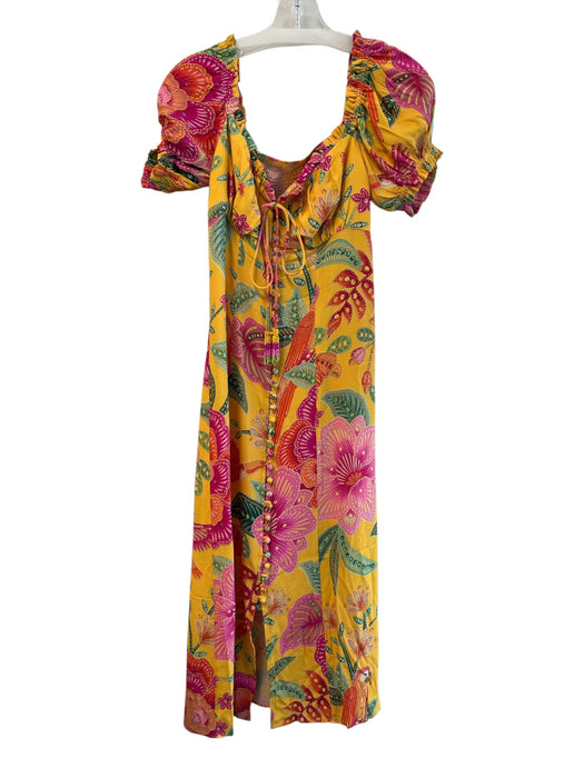Farm Rio Size XS Yellow & Pink Viscose Short Sleeve Floral Print Dress Yellow & Pink / XS