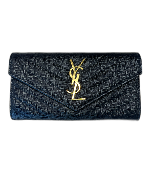 Yves Saint Laurent Black Leather goldtone hardware Logo Snap Flap Wallets Black