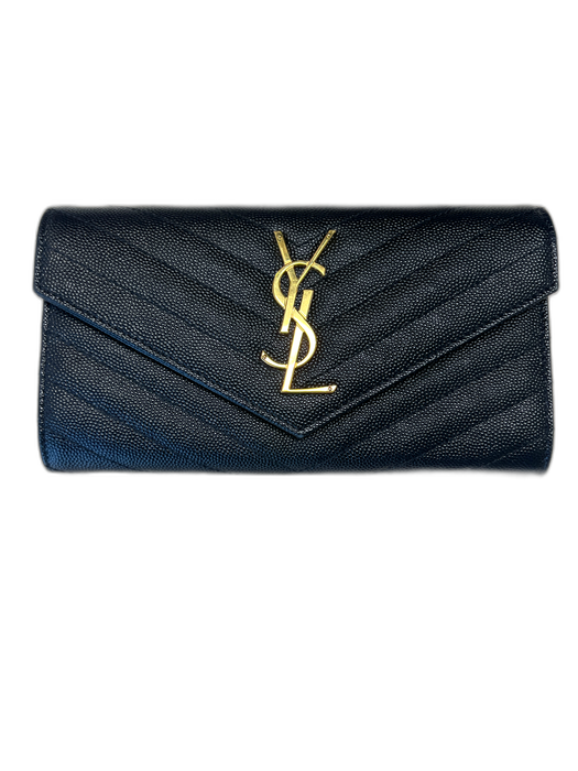 Yves Saint Laurent Black Leather goldtone hardware Logo Snap Flap Wallets Black