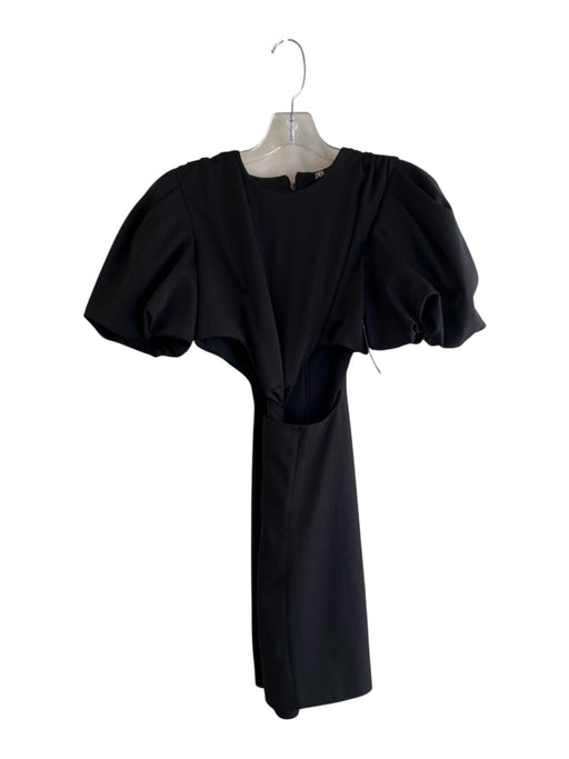 Zara Size S Black Polyester Round Neck Short Puff Sleeve Open Sides Dress Black / S