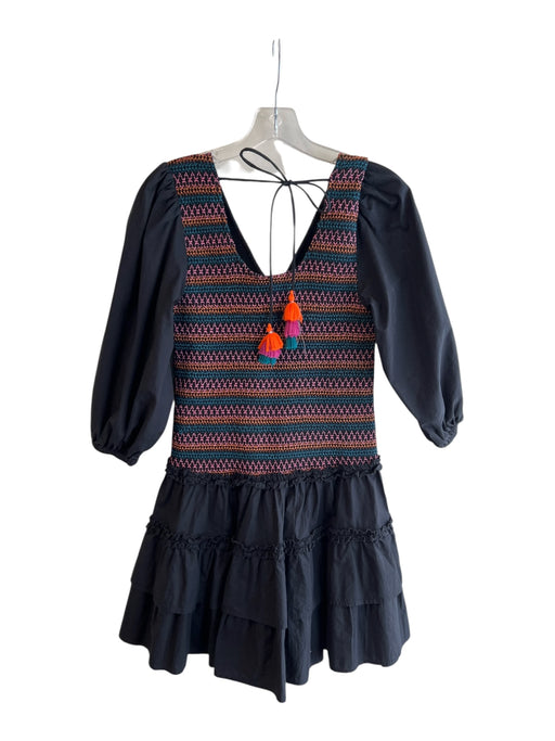 Love The Label Size XS Black & Multi Cotton V Neck Short Puff Sleeve Dress Black & Multi / XS